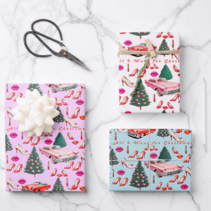 Retro "All I Want For Christmas" Pink White Blue  Wrapping Paper Sheets