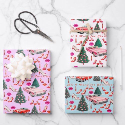 Retro All I Want For Christmas Pink White Blue  Wrapping Paper Sheets