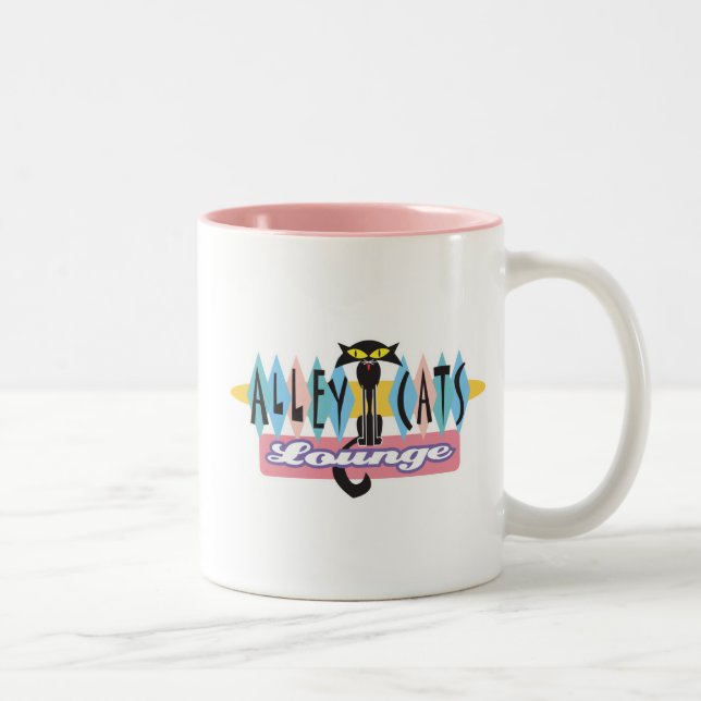 retro alley cats lounge sign Two-Tone coffee mug (Right)