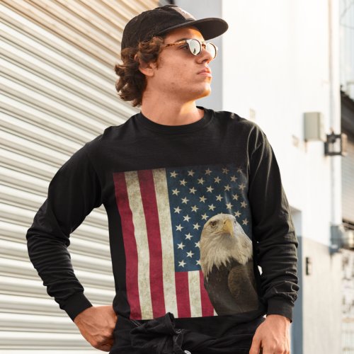 Retro American Bald Eagle USA Flag Long Sleeve T_Shirt