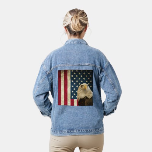 Retro American Bald Eagle USA Flag Womens Denim Jacket