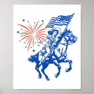 Retro American Cowgirl Horse 4th Of July Usa Flag Poster