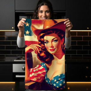 Retro American Cowgirl Pinup Kitchen Towel