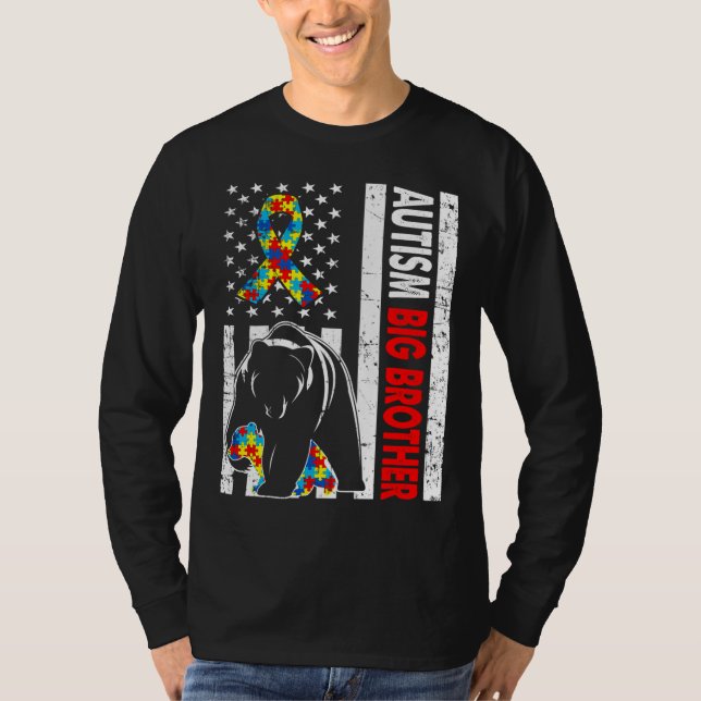 Retro American Flag Autism Big Brother Bear Awaren T-Shirt (Front)