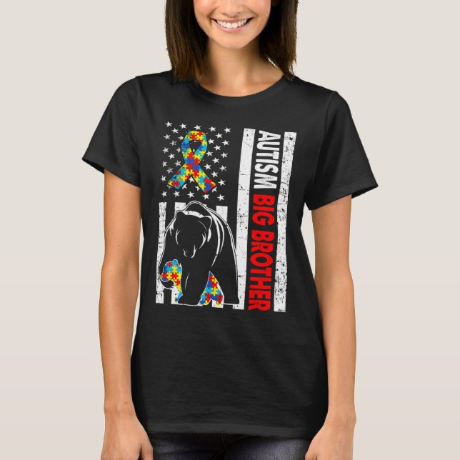 Retro American Flag Autism Big Brother Bear Awaren T-Shirt (Front)