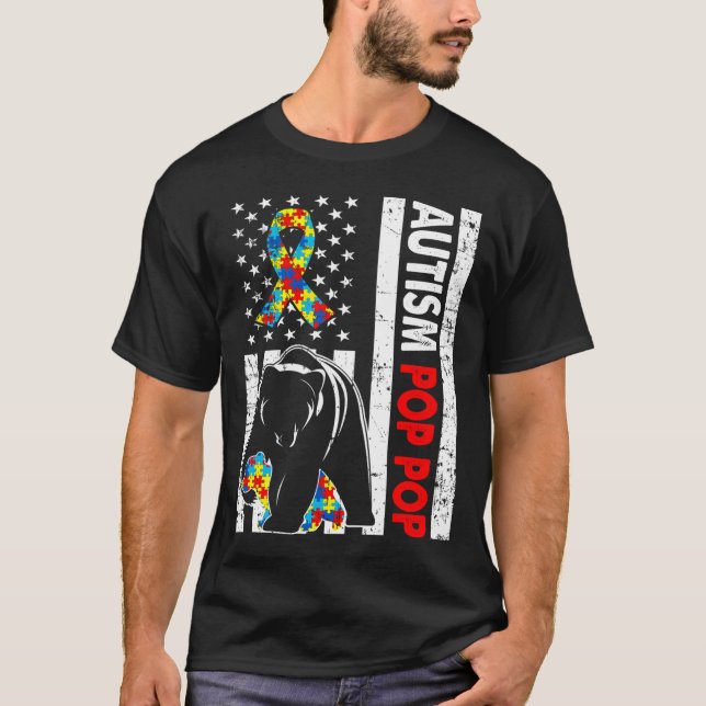 Retro American Flag Autism Pop Pop Bear Awareness  T-Shirt (Front)