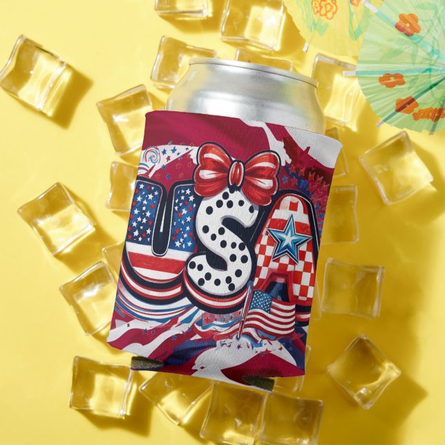 Retro American Flag Can Cooler - Patriotic Custom (In Situ Summer)