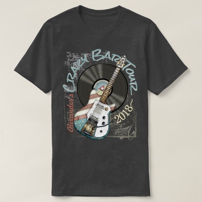 Retro American Flag Guitar And Vinyl Record T-Shirt (Design Front)