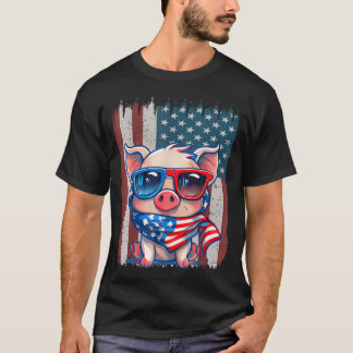 Retro American Flag Pig Dad Mom 4Th Of T-Shirt