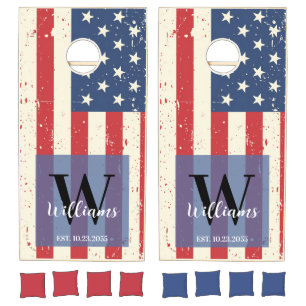Retro American Flag Stars Stripes Family Monogram Cornhole Set