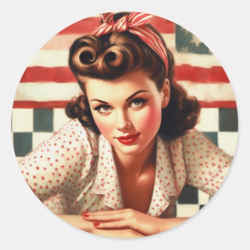 Retro American Girl Pin Up Art Classic Round Sticker