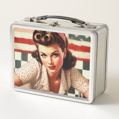 Retro American Girl Pin Up Art Metal Lunch Box