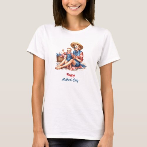 Retro American Mom and baby on picnic USA Flag T_Shirt