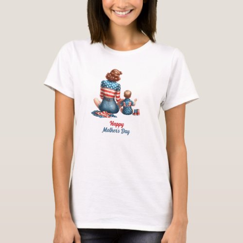 Retro American Mom and baby patriotic USA Flag T_Shirt