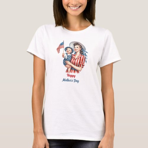 Retro American Mom and Baby USA Flag Patriotic  T_Shirt