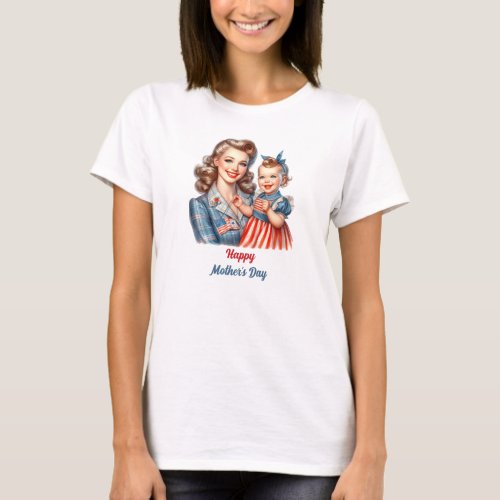 Retro American Mom and Baby USA Patriotic  T_Shirt