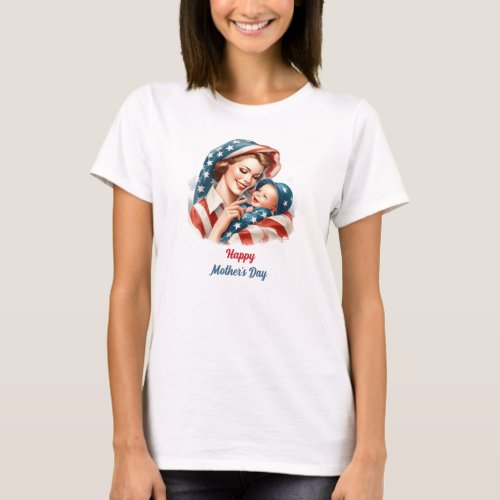 Retro American Mom and Baby USA Patriotic  T_Shirt