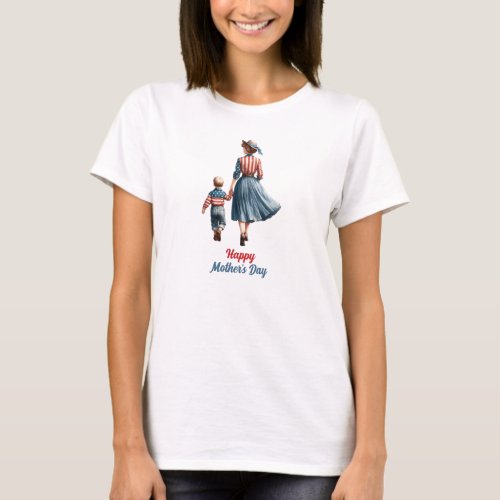 Retro American Mom and baby walking USA Flag T_Shirt