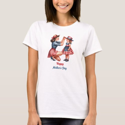 Retro American Mom and Girl USA Flag Patriotic  T_Shirt