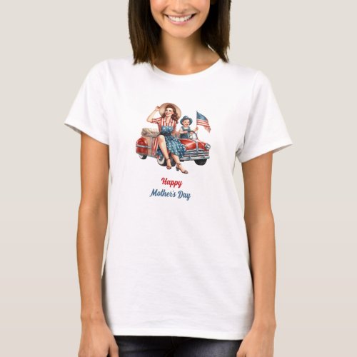 Retro American Mom and Girl USA Flag Patriotic  T_Shirt