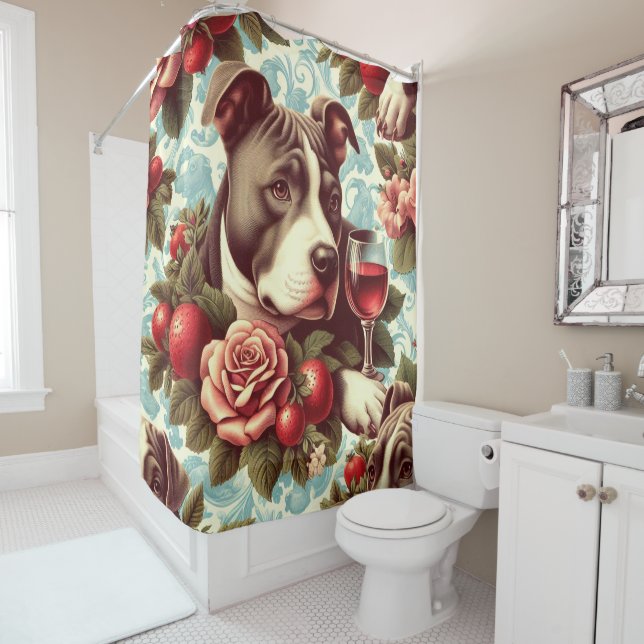 Retro American Pit Bull Terrier Illustration Shower Curtain (In Situ)