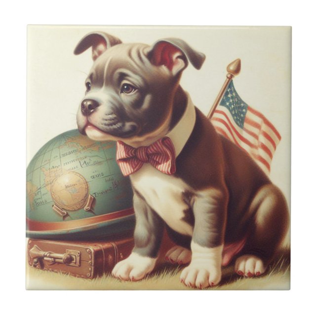 Retro American Pit Bull Terrier Painting Ceramic Tile (Front)