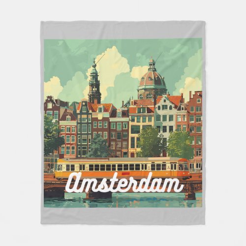 Retro Amsterdam Skyline  Fleece Blanket