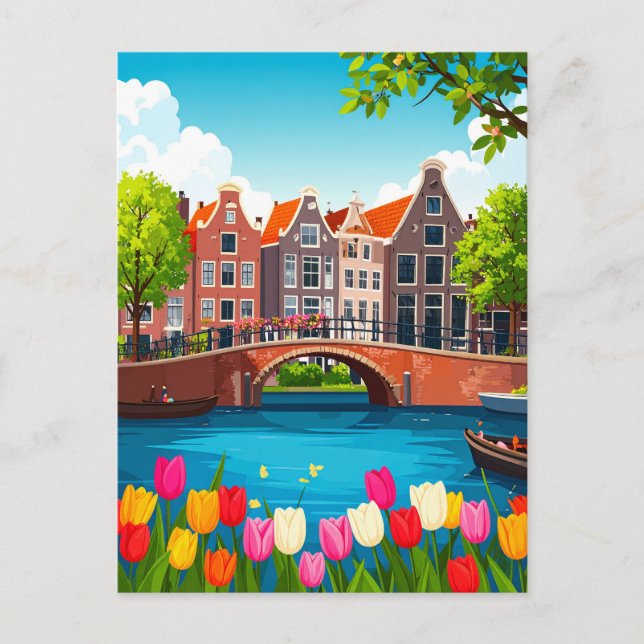 Retro Amsterdam Travel With Tulips Postcard (Front)