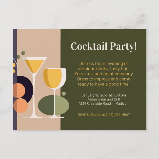  Retro and modern cocktail party invitation Postcard (Front)