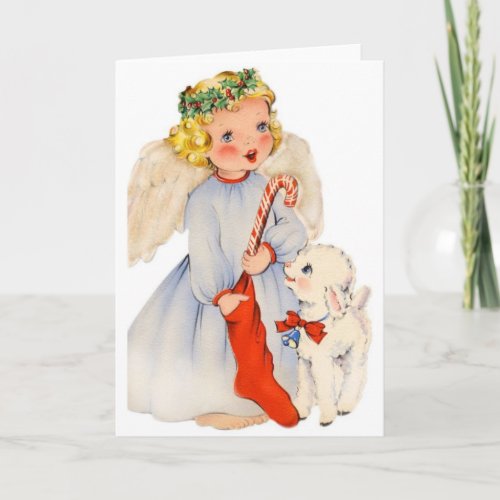 Retro Angel and Little Lamb Christmas Card