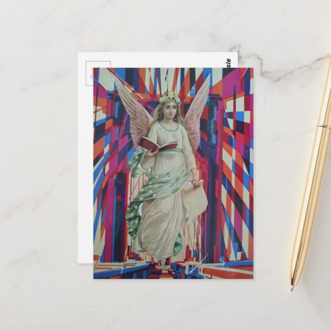Retro Angel Crossing the Bridge collage art Postcard (Front/Back In Situ)