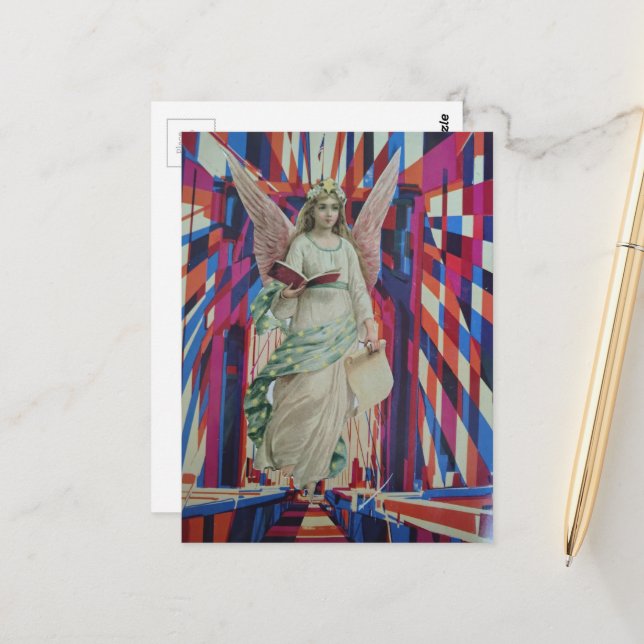 Retro Angel Crossing the Bridge collage art Postcard (Front/Back In Situ)
