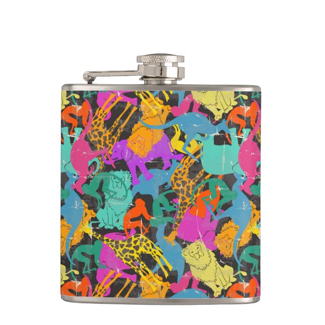 Retro Animal Silhouettes Pattern Flask (Front)