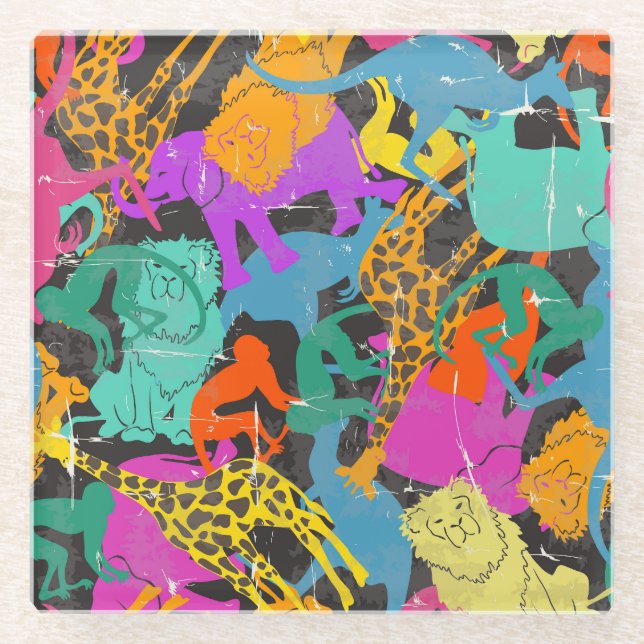 Retro Animal Silhouettes Pattern Glass Coaster (Front)