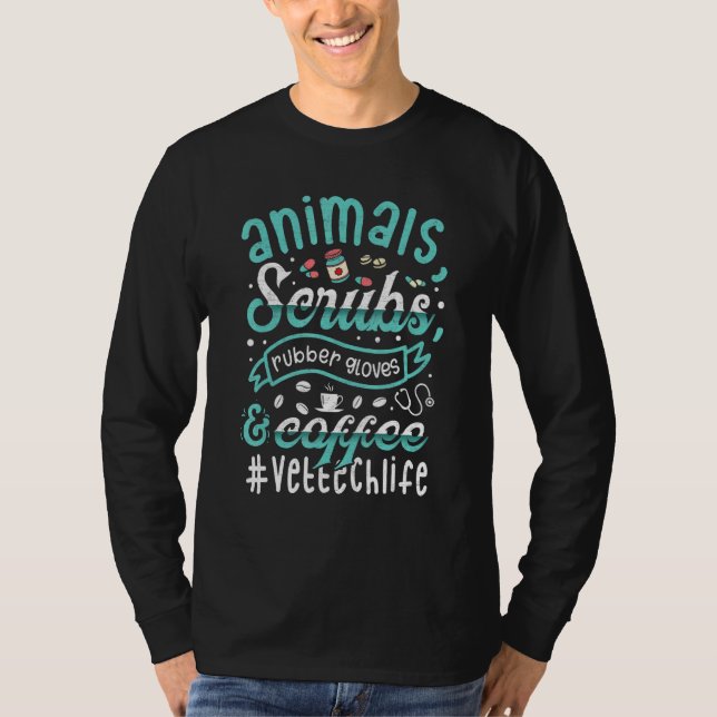 Retro Animals Scrubs Rubber Gloves And Coffee Vet  T-Shirt (Front)