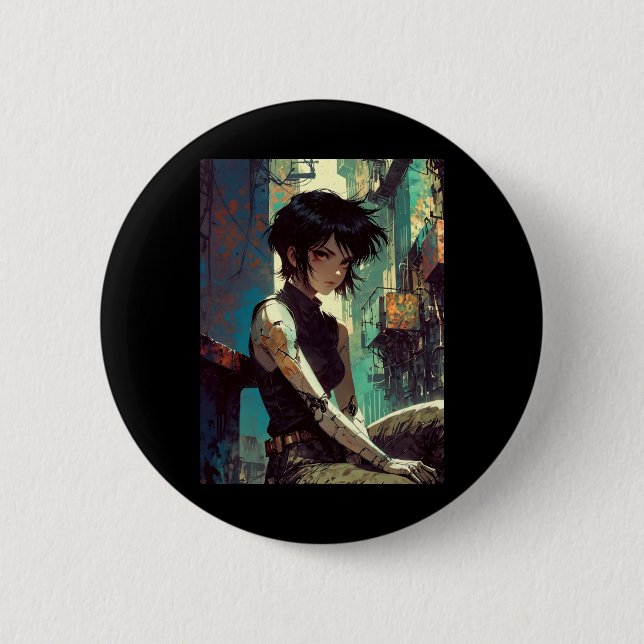 Retro Anime Cyberpunk Girl Dystopian Future Warrio Button (Front)