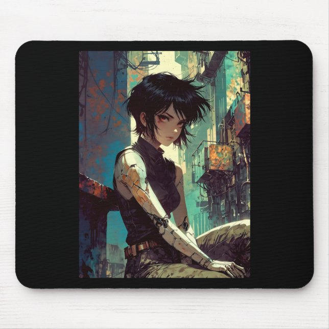Retro Anime Cyberpunk Girl Dystopian Future Warrio Mouse Pad (Front)