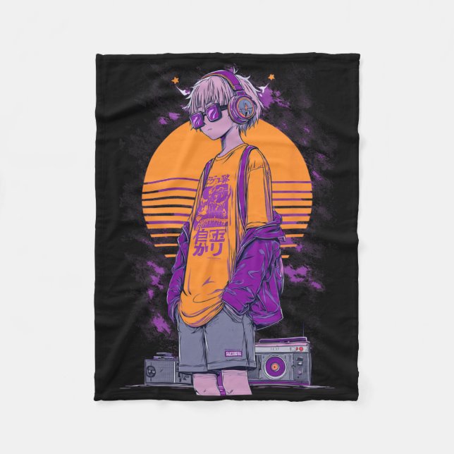 Retro Anime Gamer Boy  Fleece Blanket (Front)