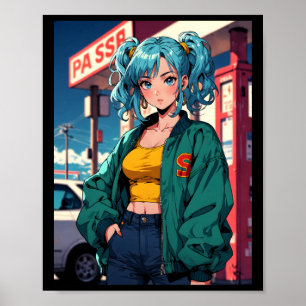 Retro Anime Gas Station Girl Vintage Street Fashio Poster