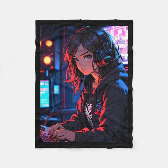 Retro Anime Girl Gamer Cyberpunk Streaming Setup S Fleece Blanket (Front)
