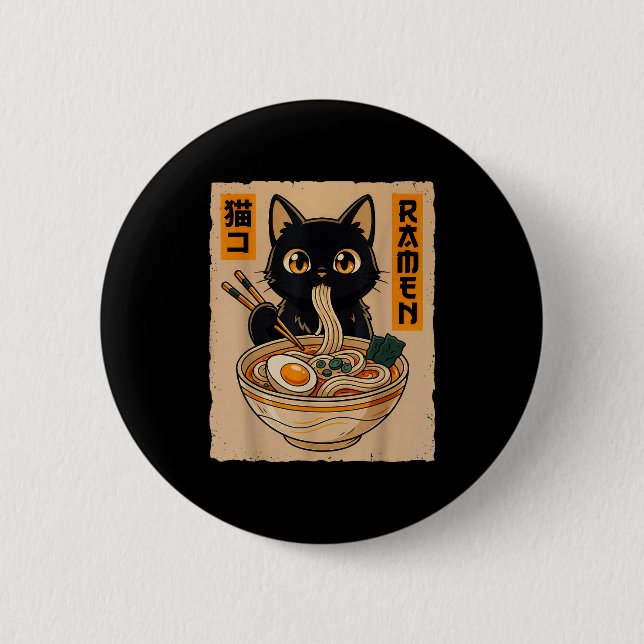 Retro Anime Kawaii Black Cat Eating Ramen Noodles  Button (Front)