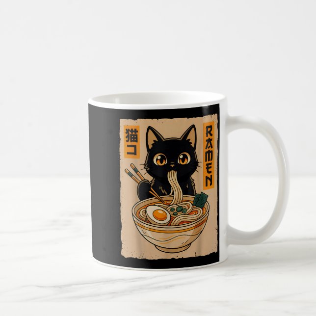 Retro Anime Kawaii Black Cat Eating Ramen Noodles  Coffee Mug (Right)