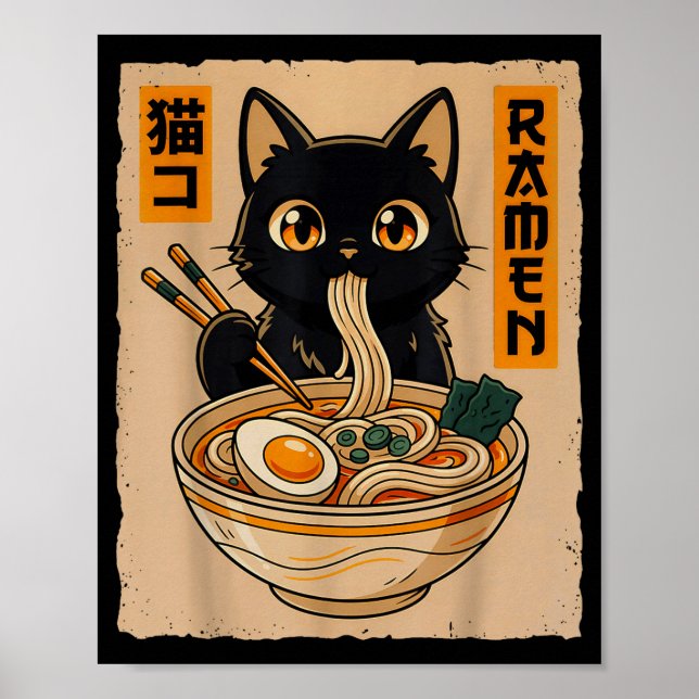 Retro Anime Kawaii Black Cat Eating Ramen Noodles  Poster (Front)