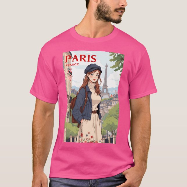 Retro Anime Traveling Young Woman In Paris France  T-Shirt (Front)