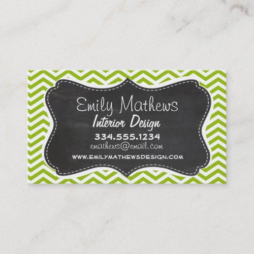Retro Apple Green Chevron Stripes; Chalkboard look Business Card Template