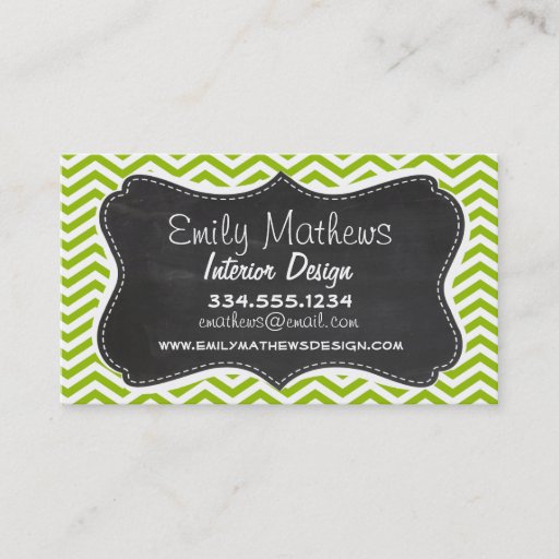 Customizable Retro Apple Green Chevron Stripes; Chalkboard look Business Card Template