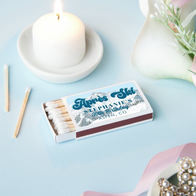 Retro Apres Ski Winter Mountain Birthday Party Matchboxes (Insitu)