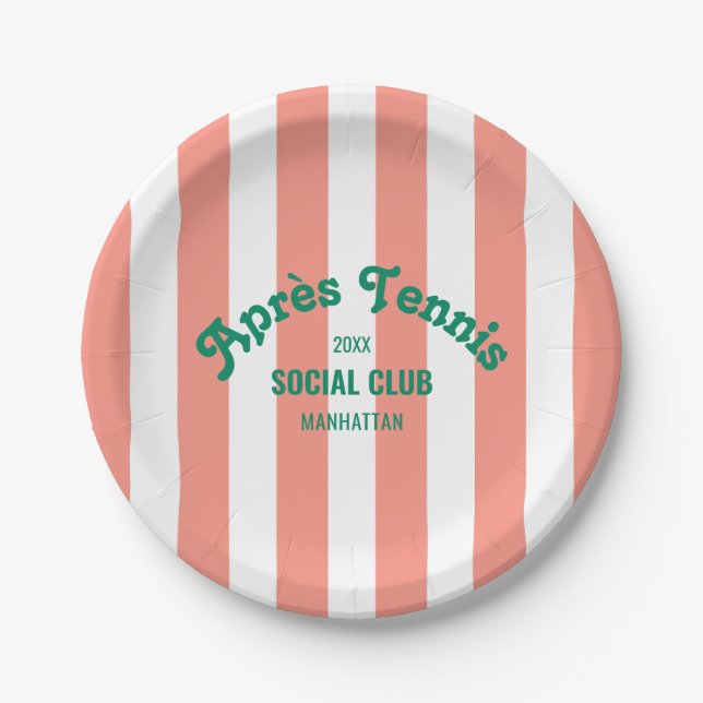 Retro Après Tennis Social Club Pink Stripe Round Paper Plates (Front)