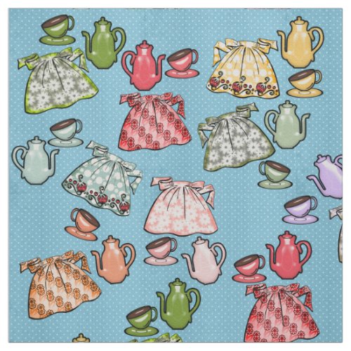 Retro Aprons and Teapots on Sea Blue Polka Dots Fabric