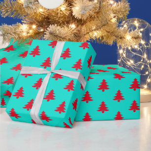 Retro Aqua And Red Christmas Trees Wrapping Paper